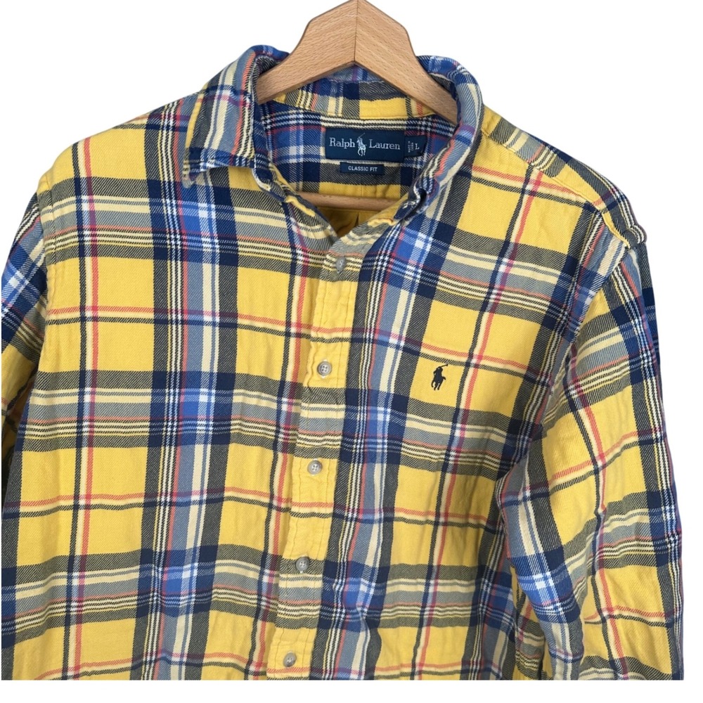 Ralph Lauren Mens Classic Fit Yellow Plaid Button Down Shirt Long Sleeve Large